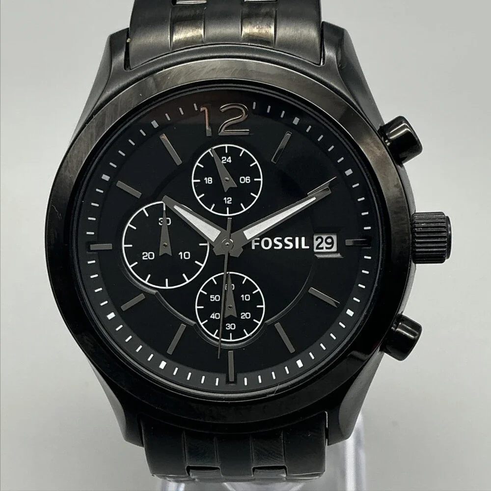Fossil BQ1483 Mens Watch 42mm Black Stainless Chronograph Date New Battery 7